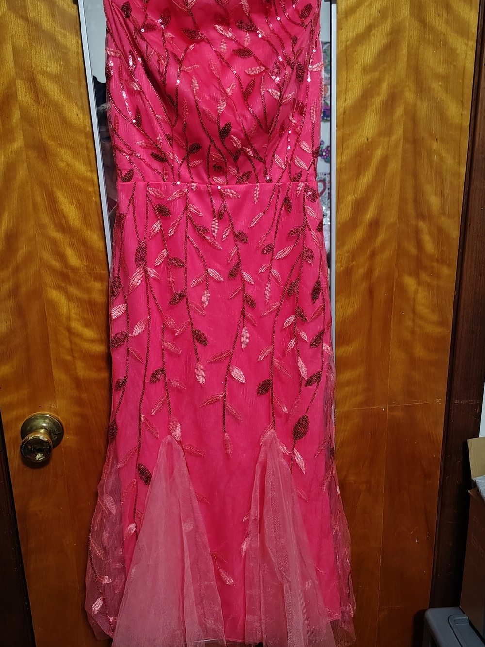 Strapless Hot Bright Orange Embroidered Tulle Wedding Guest Dress